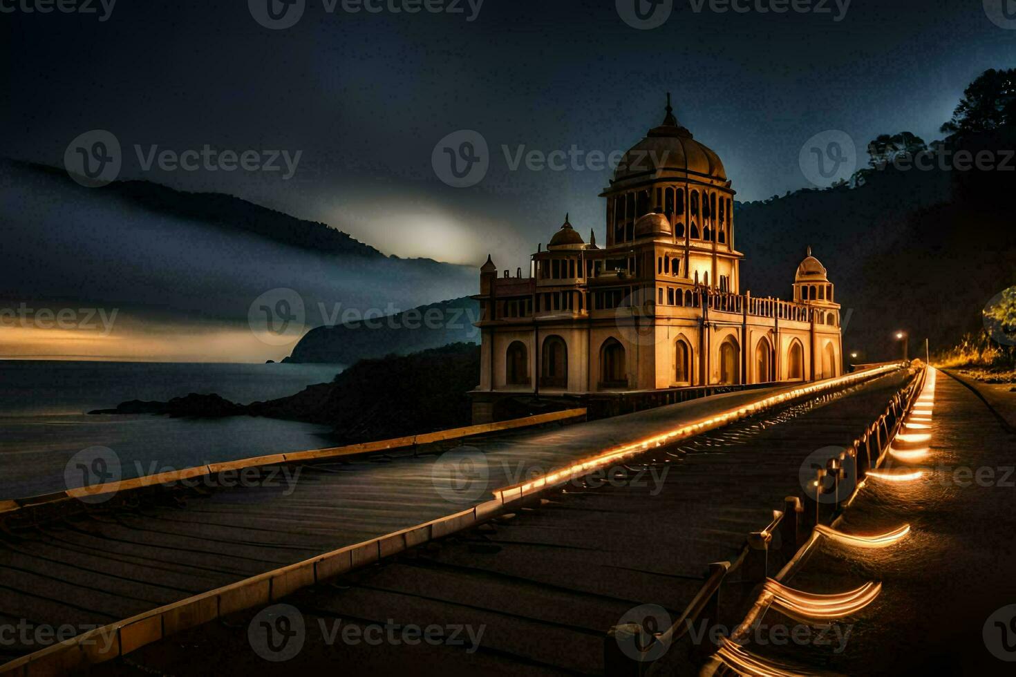 a church on the coast at night with lights on. AI-Generated photo