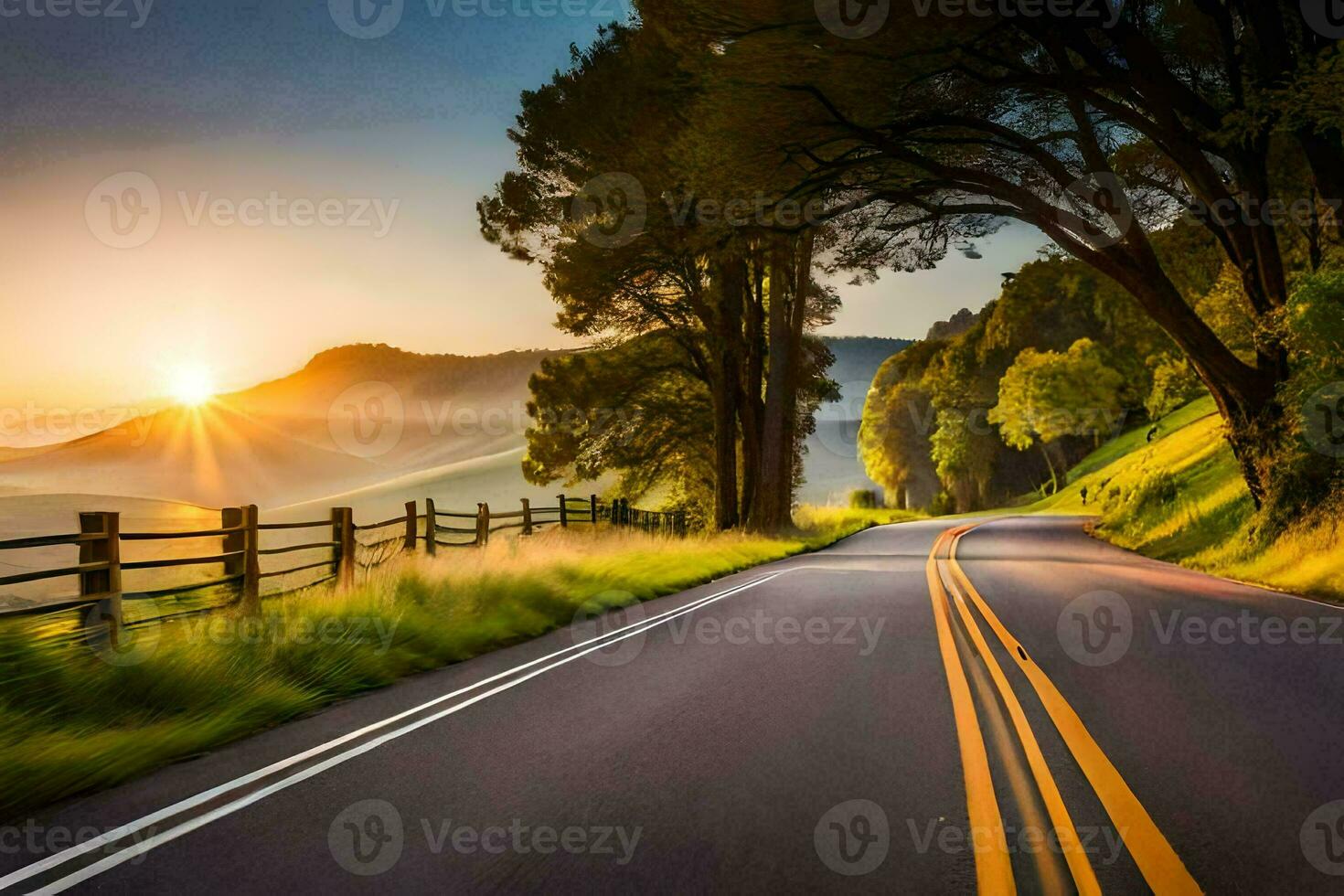 a road with the sun setting behind it. AI-Generated photo