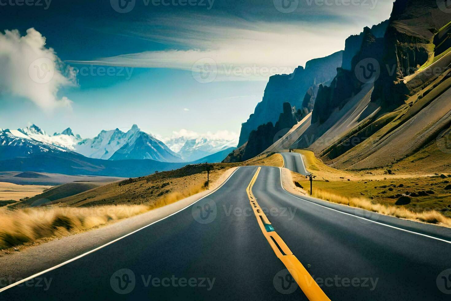 a road in the mountains with mountains in the background. AI-Generated photo