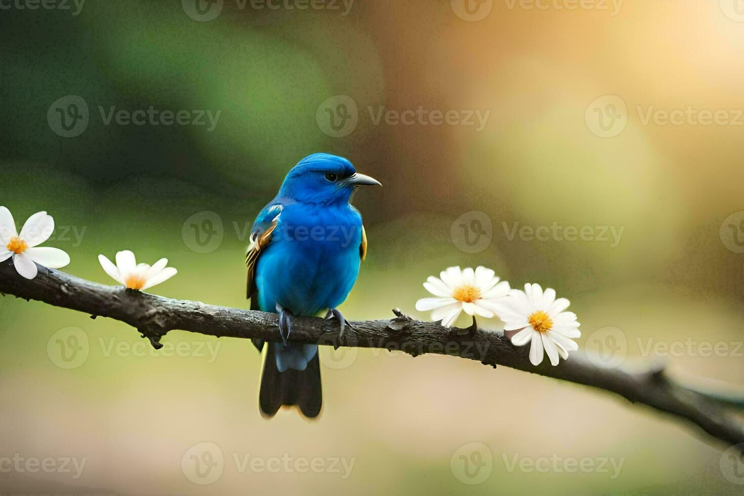 a blue bird sits on a branch with white flowers. AI-Generated photo