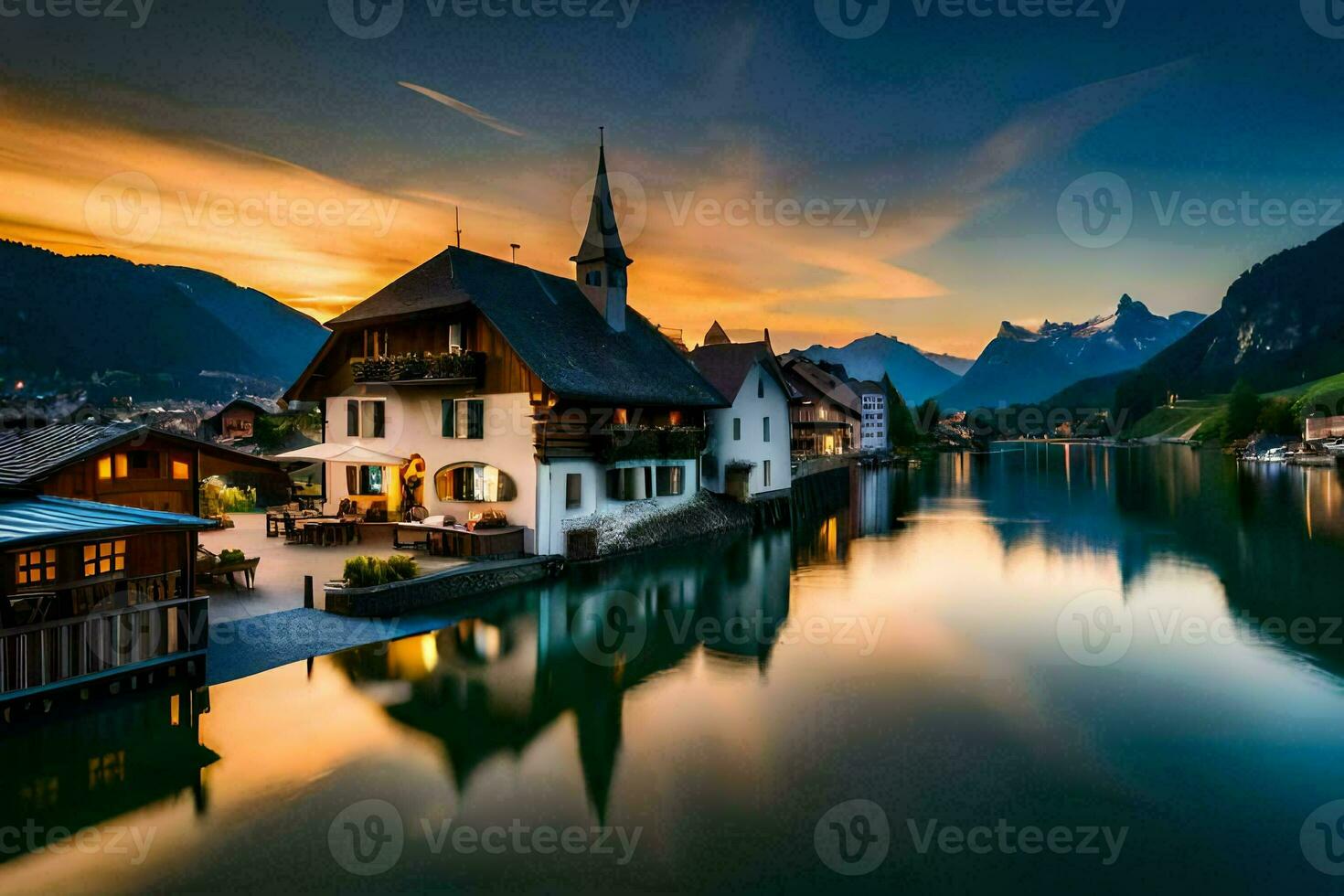 a beautiful sunset over a lake and a house. AI-Generated photo
