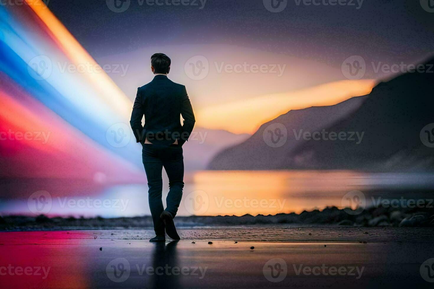 un hombre en pie en frente de un vistoso ligero. generado por ai foto