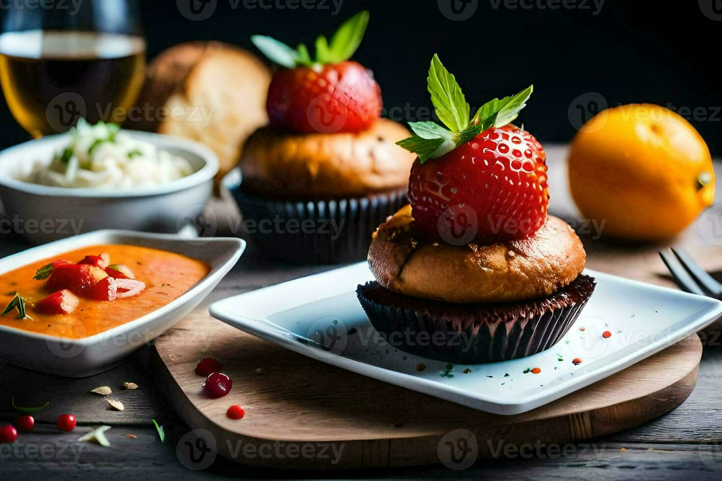 a plate with a cupcake and strawberries on it. AI-Generated photo