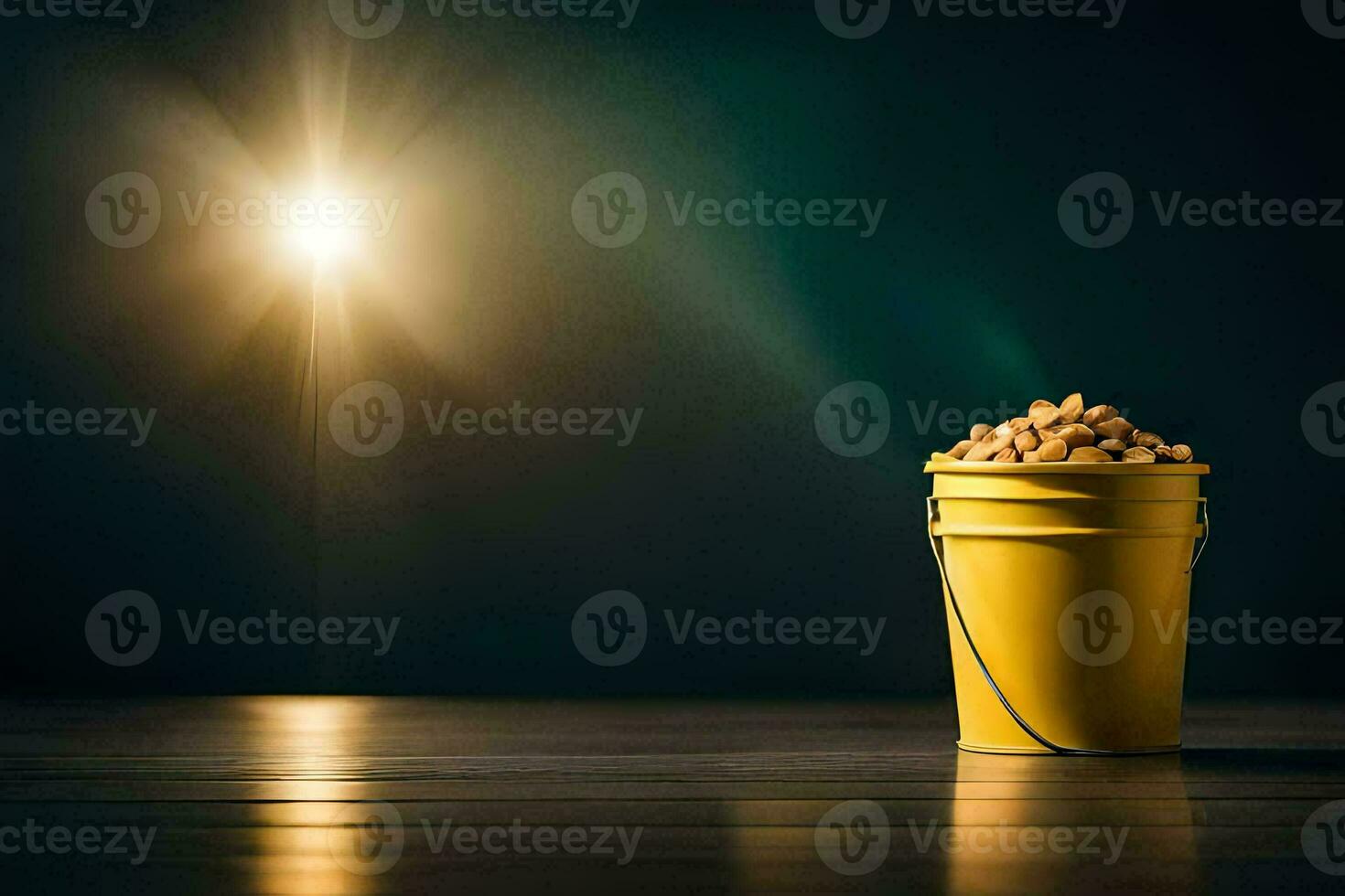 a bucket of peanuts on a table in front of a bright light. AI-Generated photo