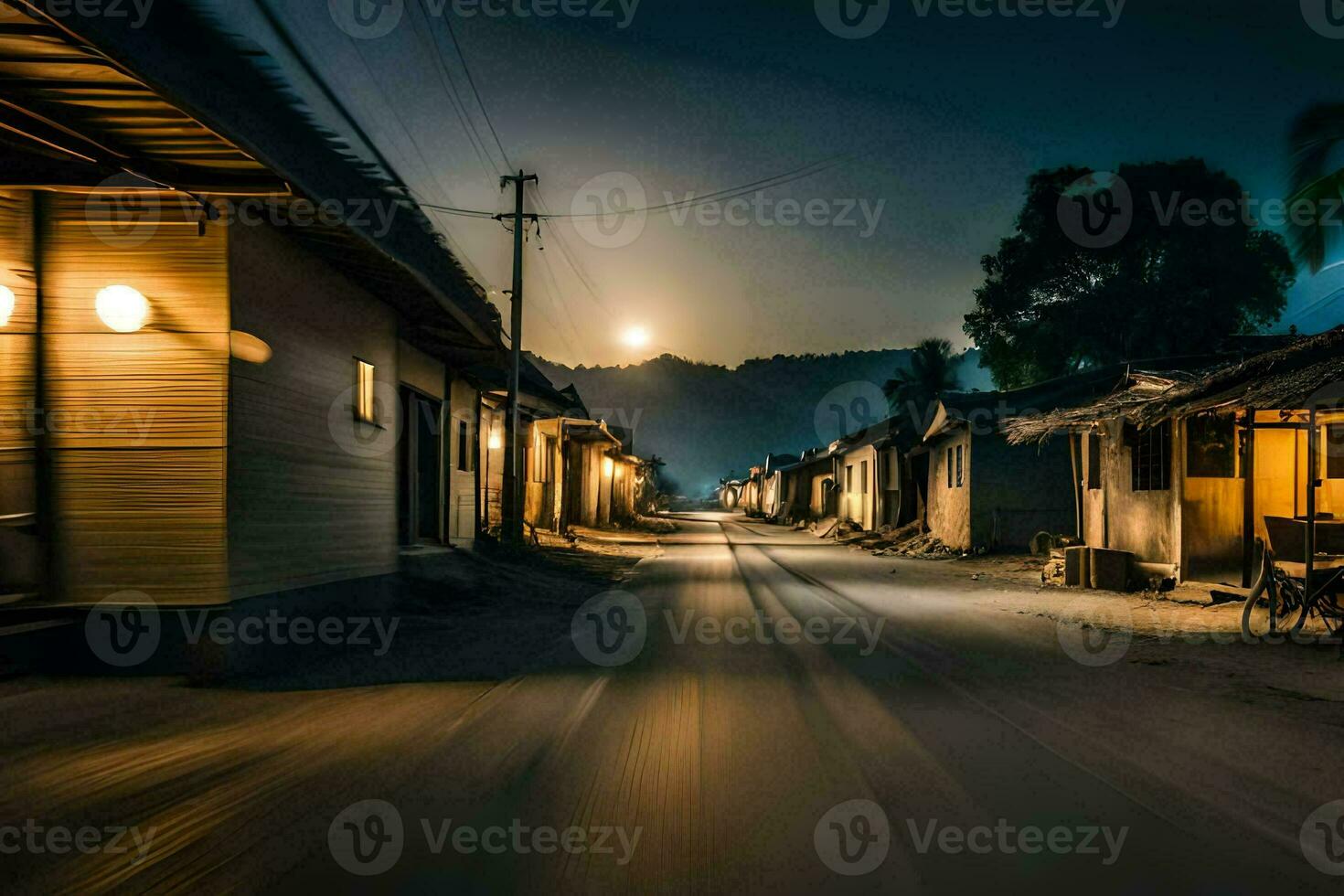 a street at night with a full moon in the background. AI-Generated photo