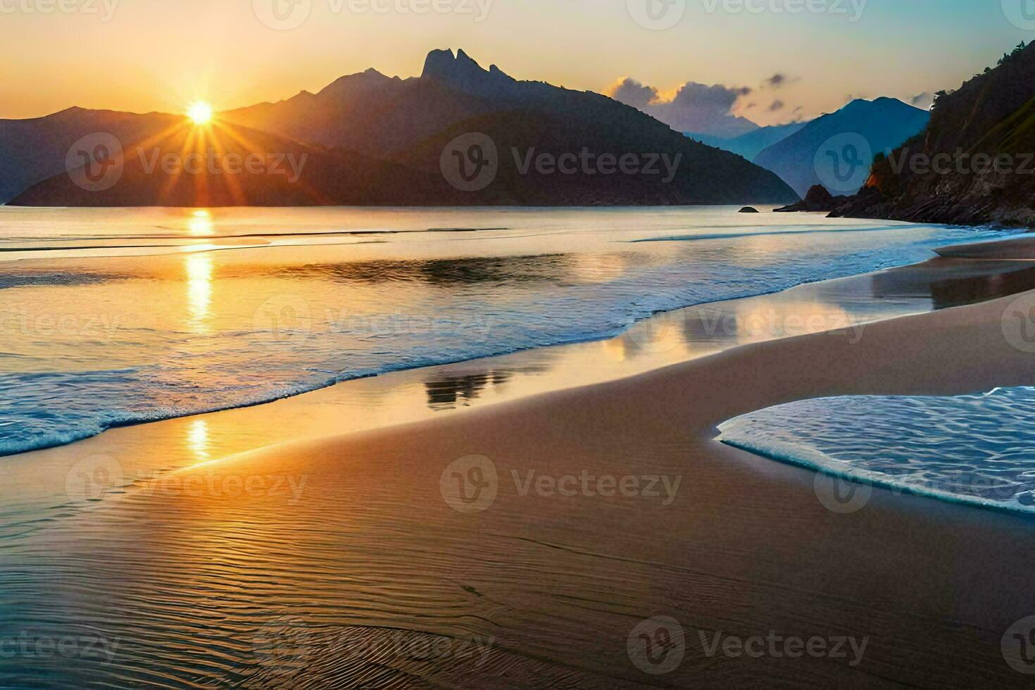 the sun rises over the ocean and mountains. AI-Generated photo