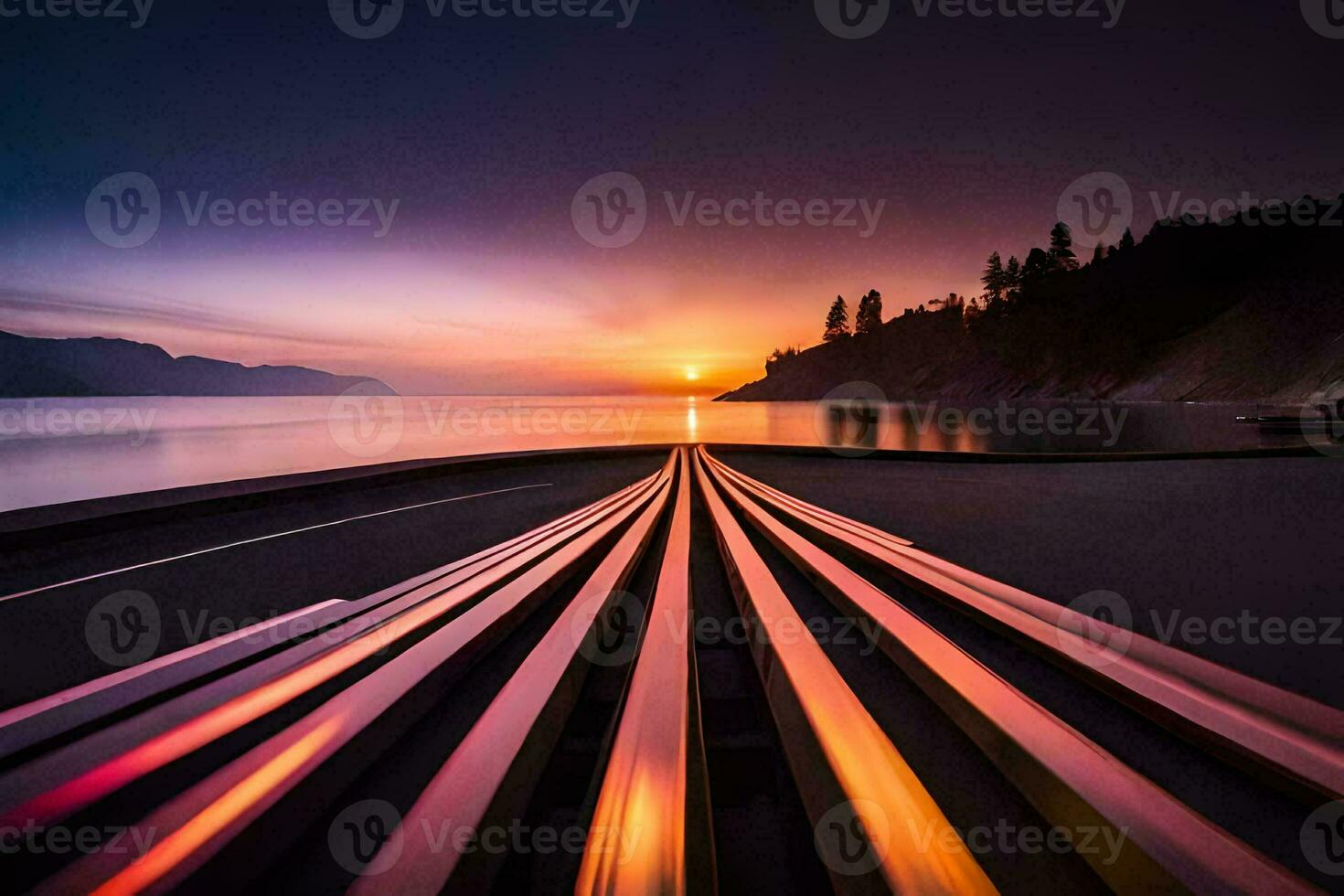 a long exposure photograph of a train track on the beach. AI-Generated photo