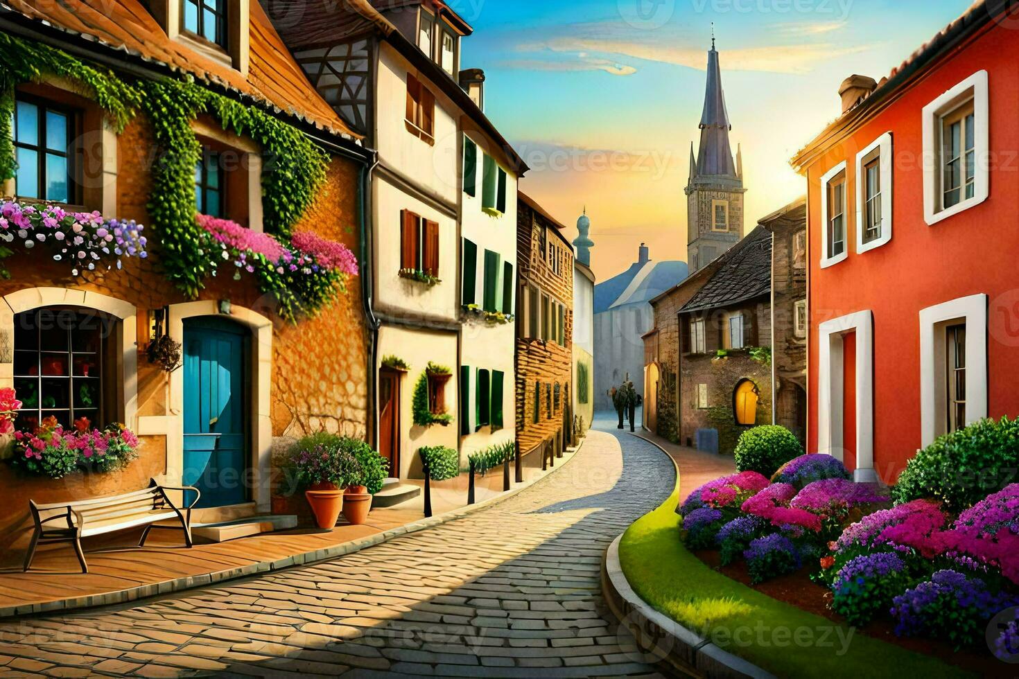 photo wallpaper the sky, flowers, the street, the town, the church, the flowers,. AI-Generated