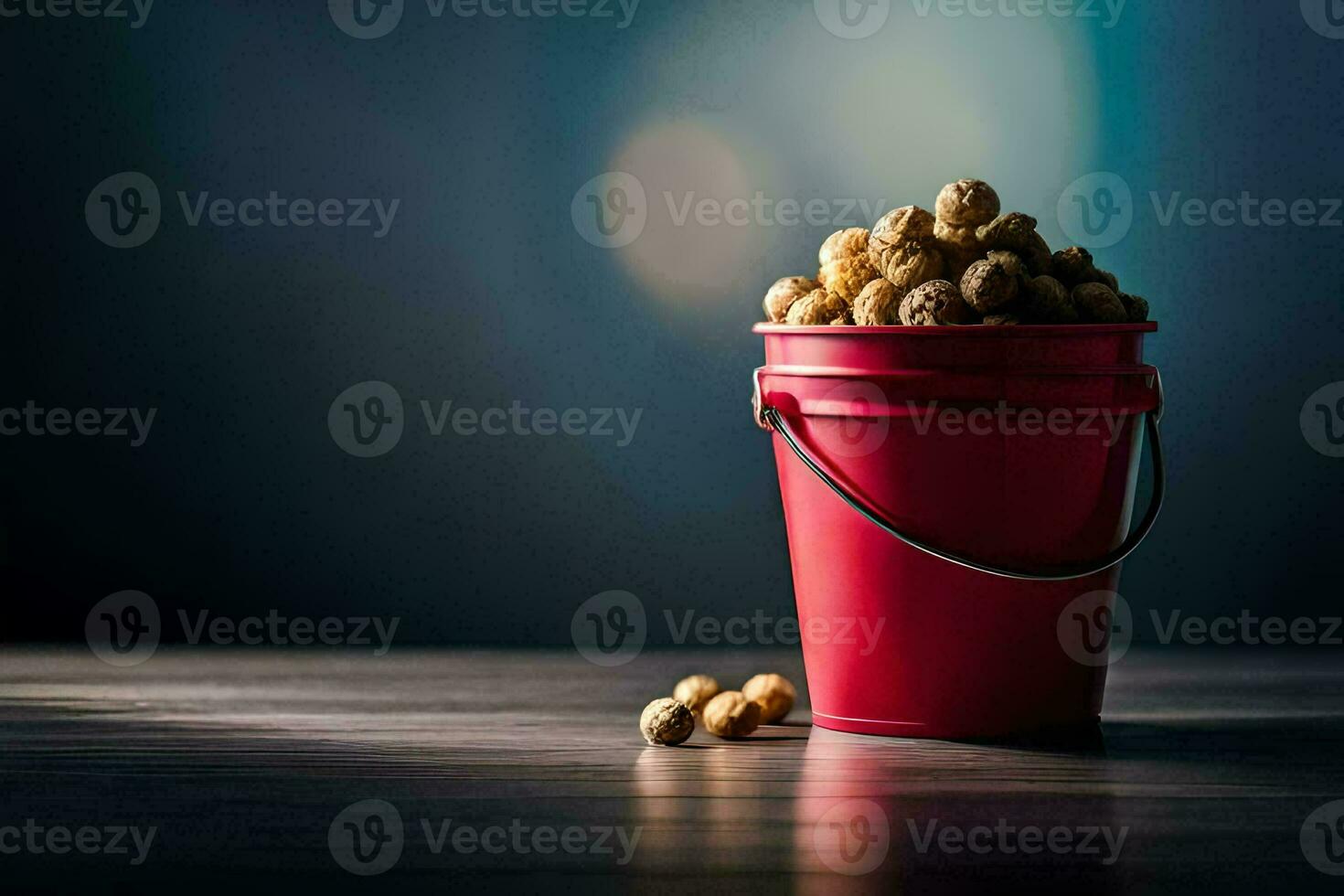 a bucket filled with peanuts on a table. AI-Generated photo