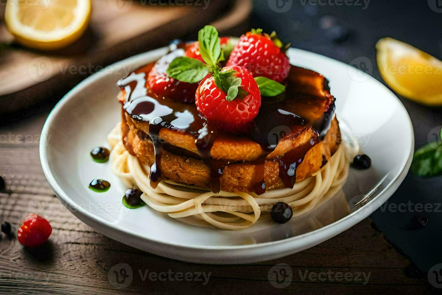 a plate with spaghetti and strawberries on it. AI-Generated photo