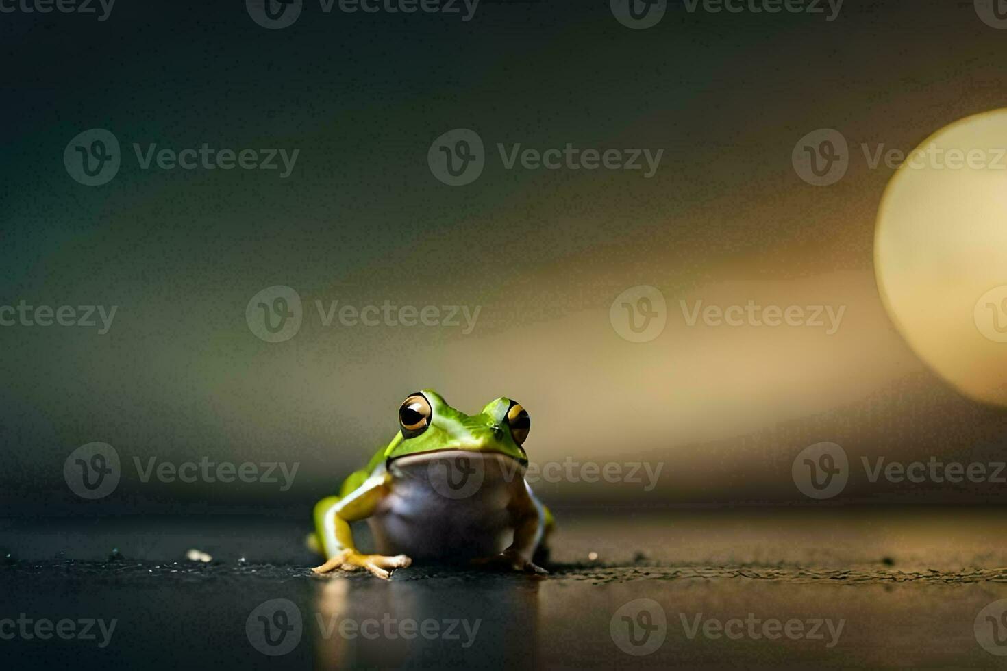 a frog sitting on the ground with a blurry background. AI-Generated photo
