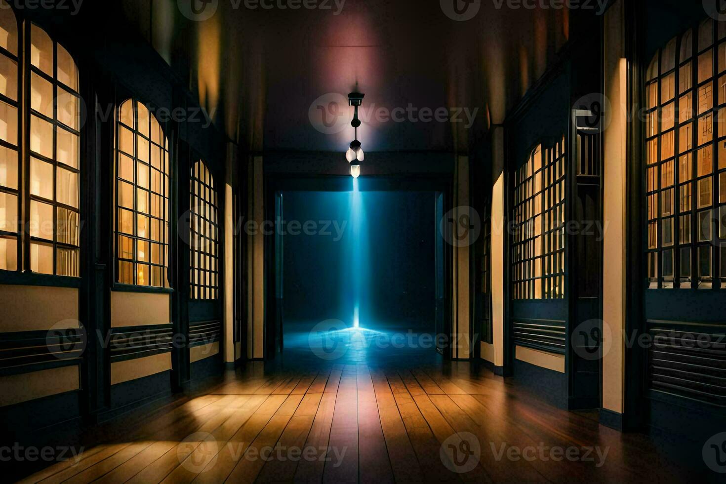 a long hallway with light coming from the ceiling. AI-Generated photo