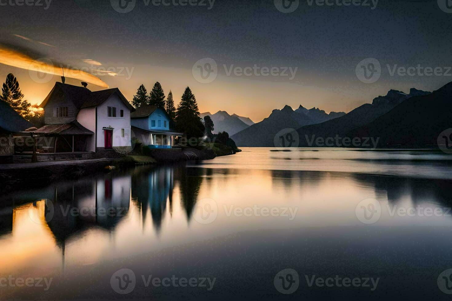 a house sits on the shore of a lake at sunset. AI-Generated photo