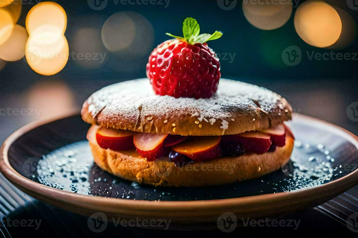 a strawberry and a bagel on a plate. AI-Generated photo