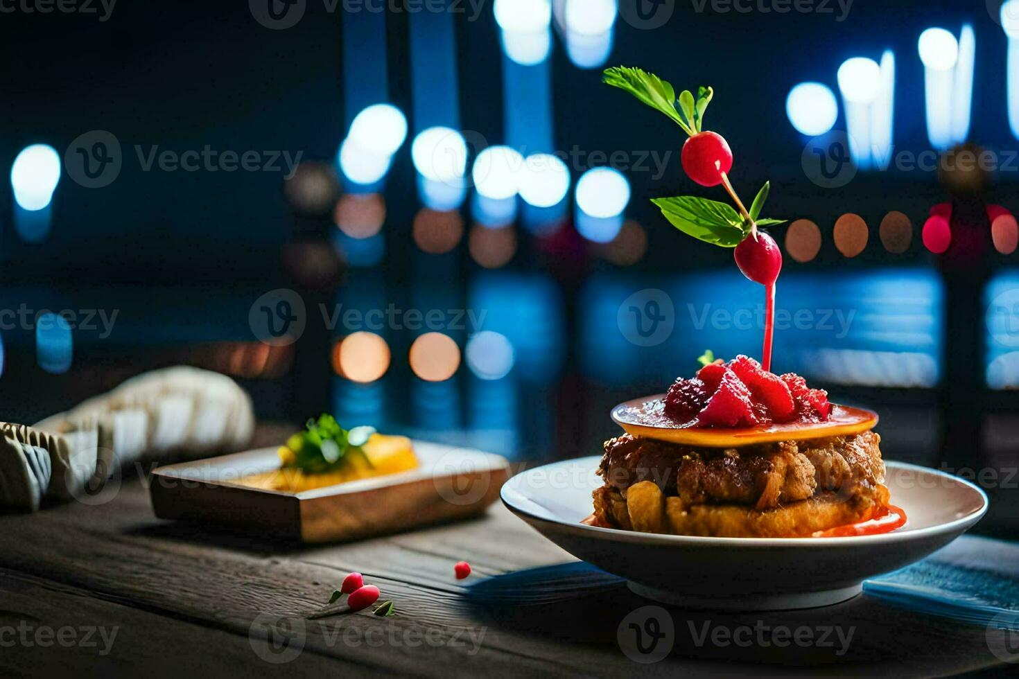 a plate with food sitting on top of a wooden table. AI-Generated photo