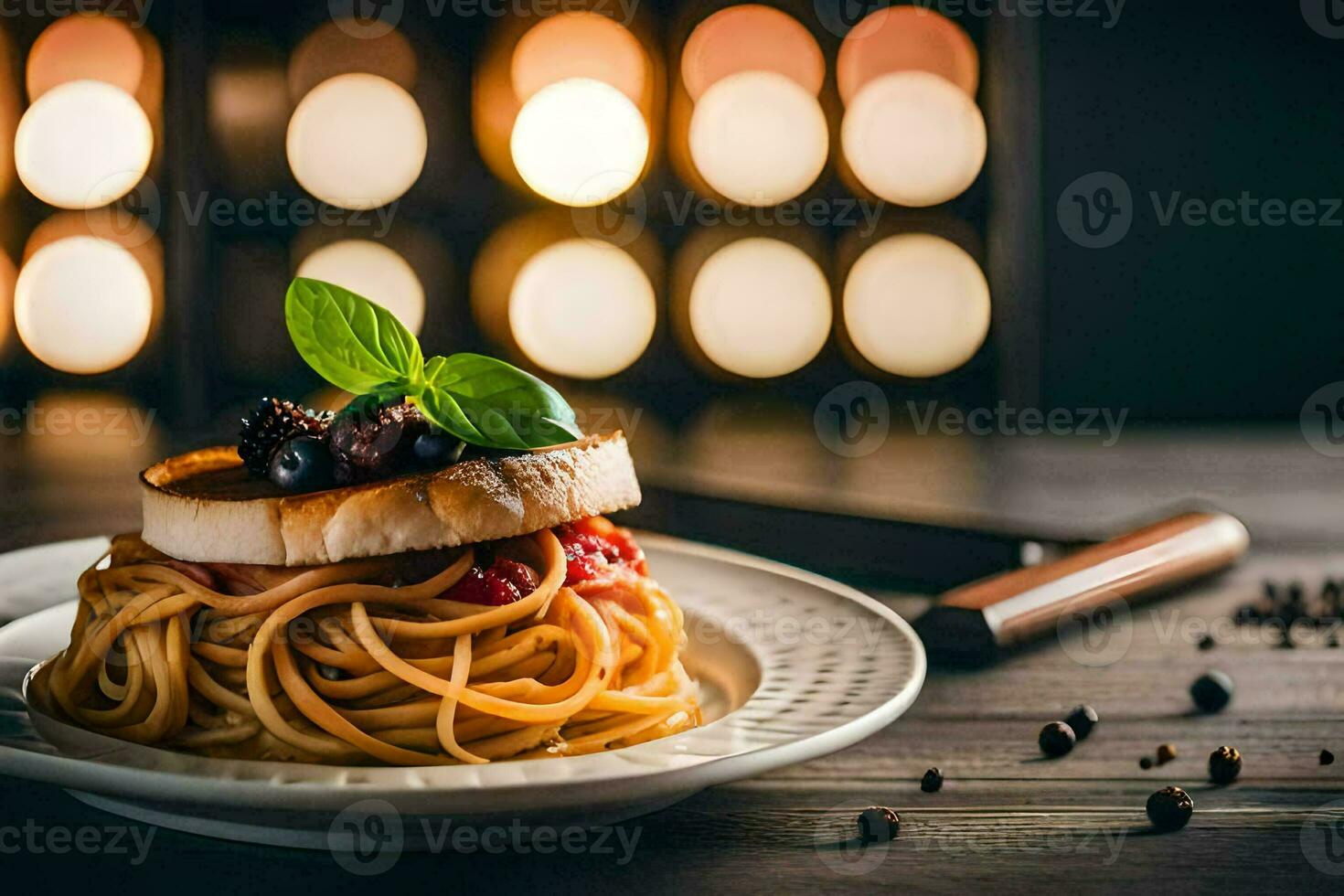 spaghetti with tomato sauce and basil on a plate. AI-Generated photo