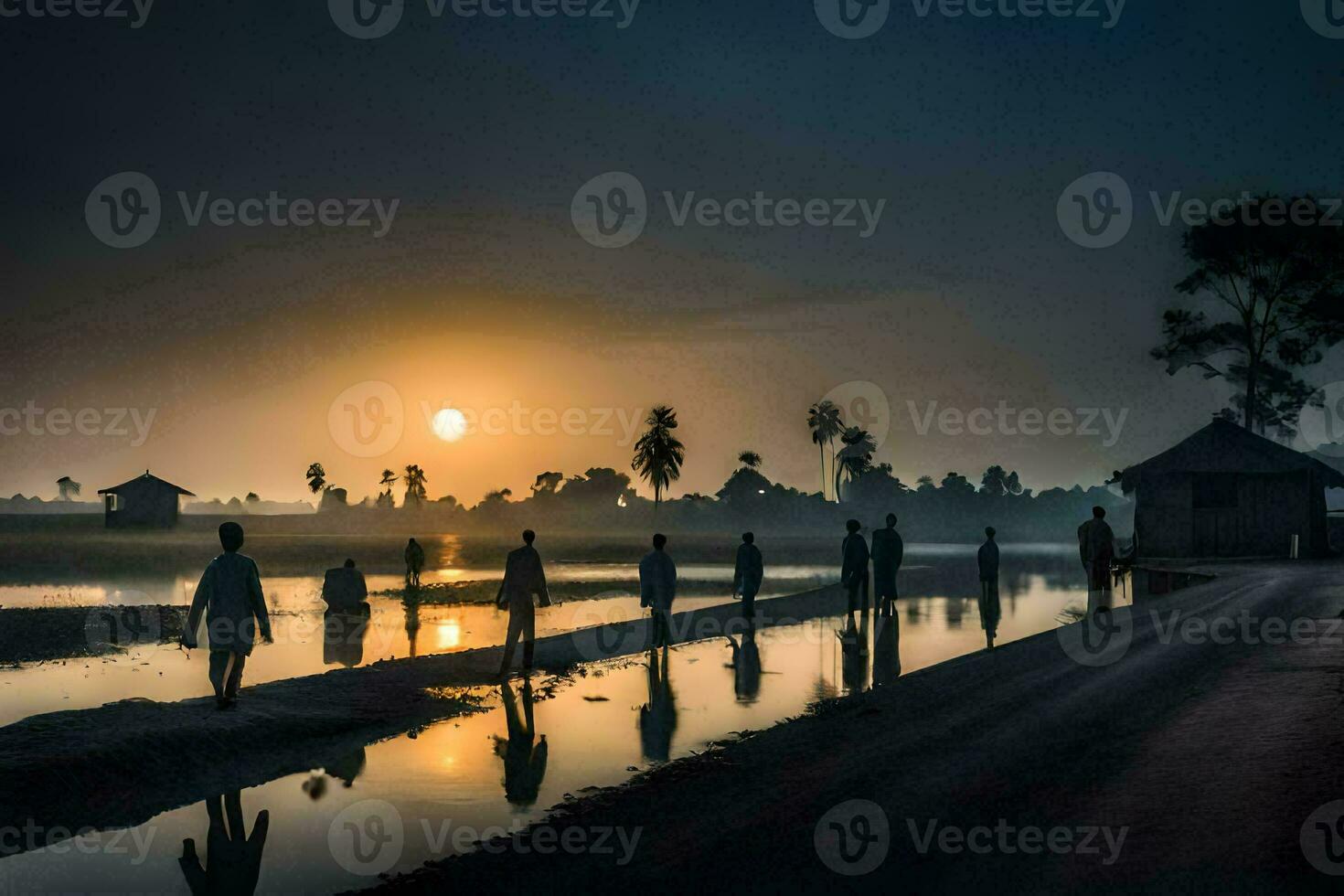 people walking along a road at sunset with the sun setting behind them. AI-Generated photo