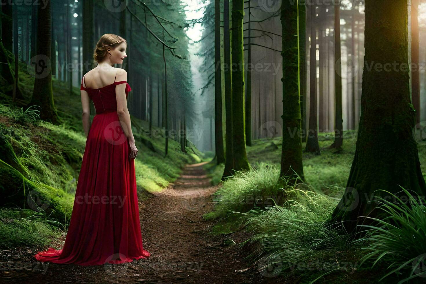 a woman in a red dress standing in the middle of a forest. AI-Generated photo