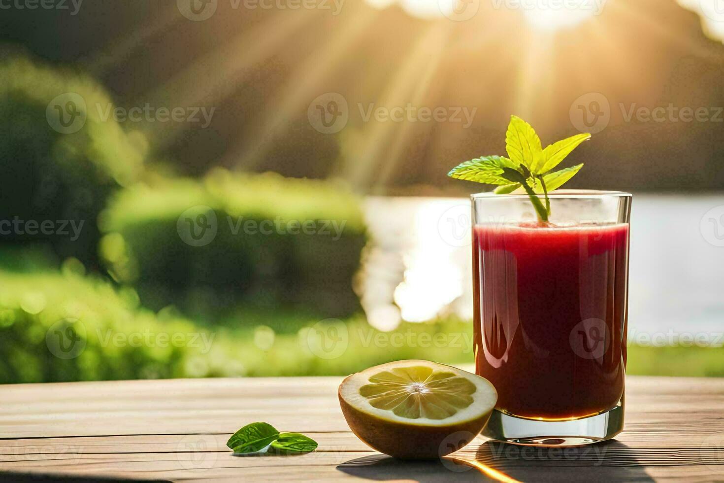 a glass of juice with a lemon slice on a table. AI-Generated photo