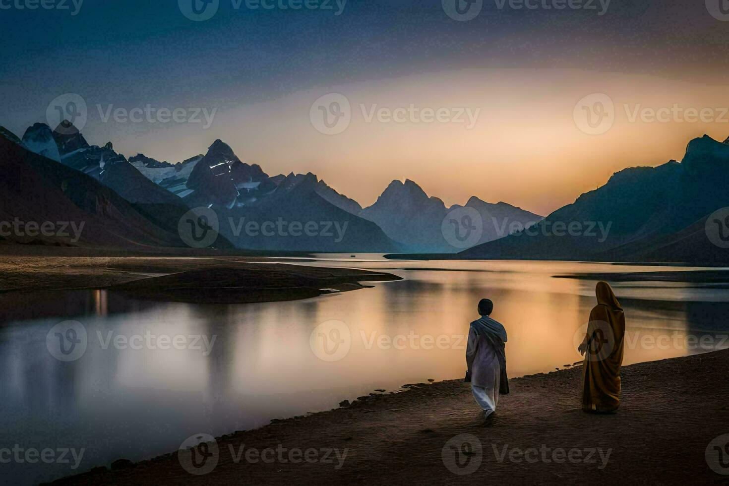 the two people are walking towards the water. AI-Generated photo