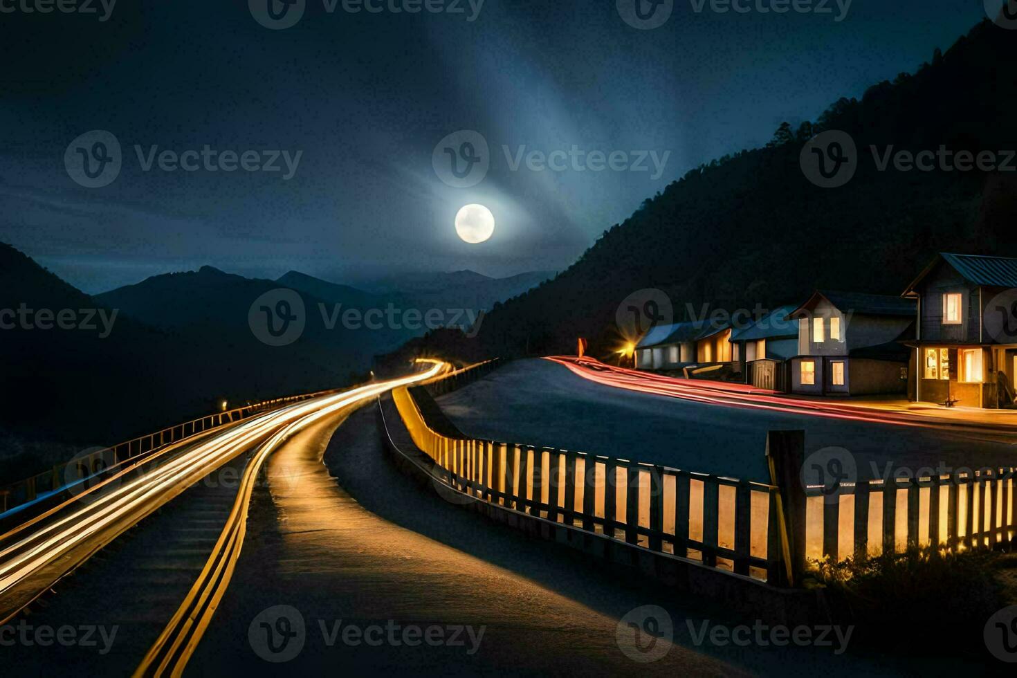 a long exposure photo of a road and a mountain at night. AI-Generated