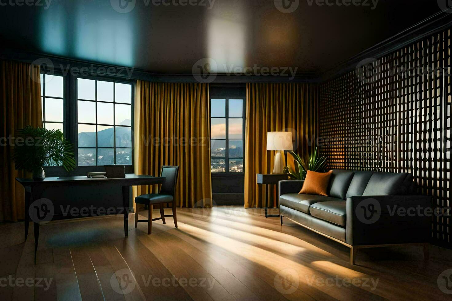 un vivo habitación con un sofá, escritorio y ventanas generado por ai foto