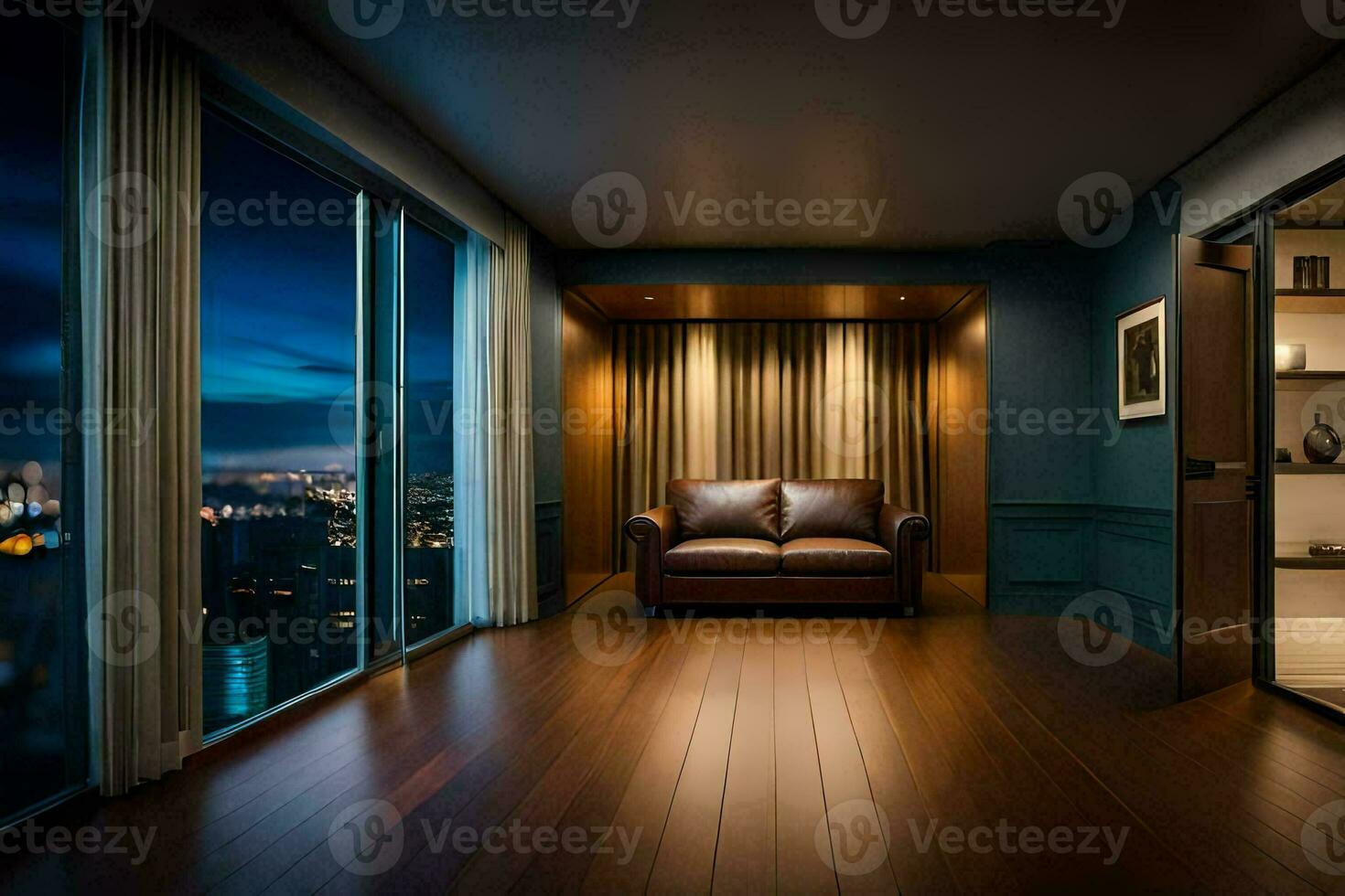 a living room with a couch and a view of the city. AI-Generated photo