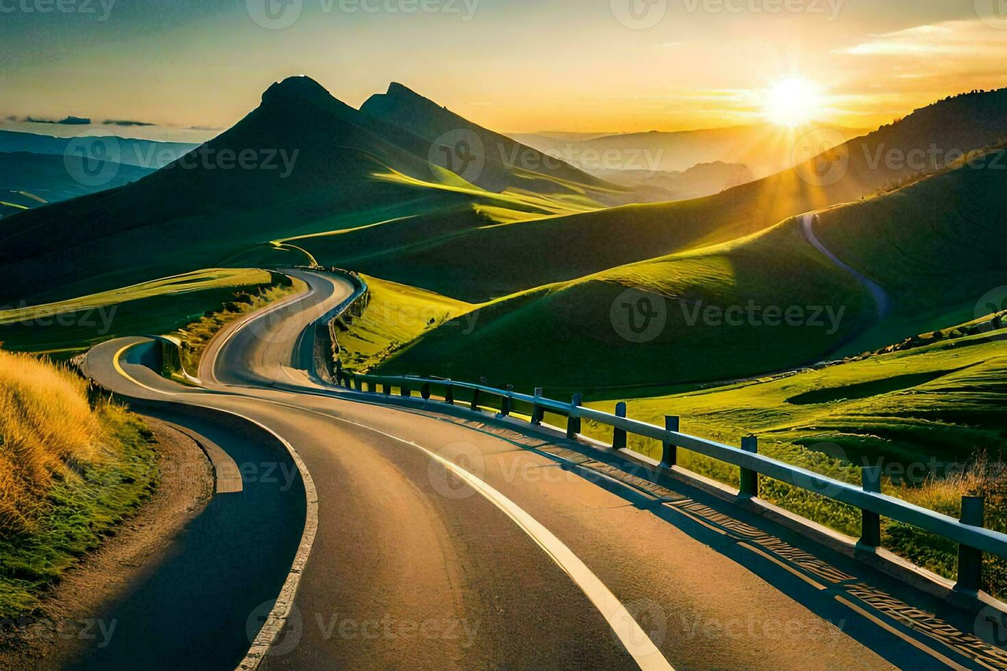 the sun rises over a winding road in the mountains. AI-Generated photo