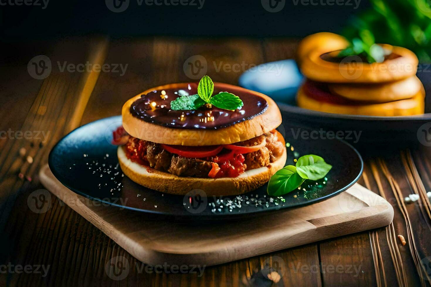 two hamburgers on a plate with herbs and spices. AI-Generated photo