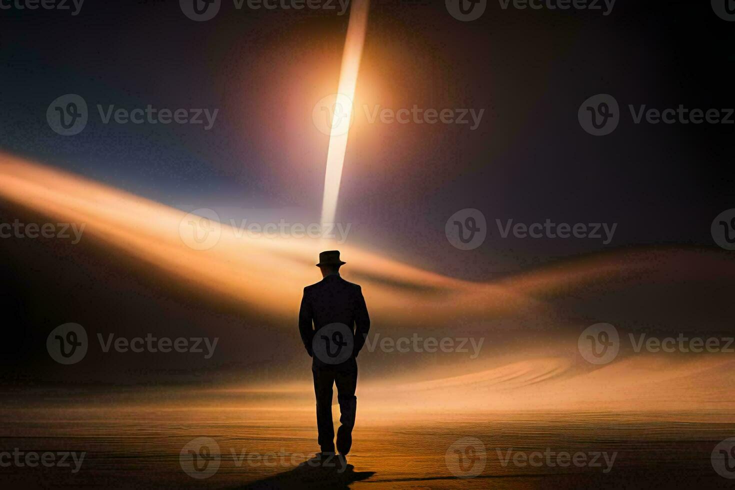 un hombre en un sombrero soportes en el Desierto a noche. generado por ai foto