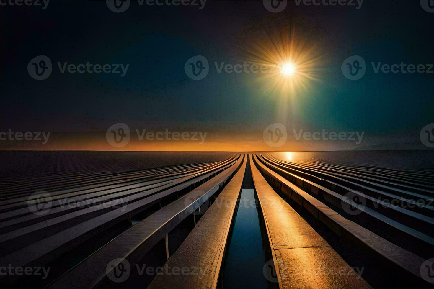 the sun shines over a long line of wooden benches. AI-Generated photo