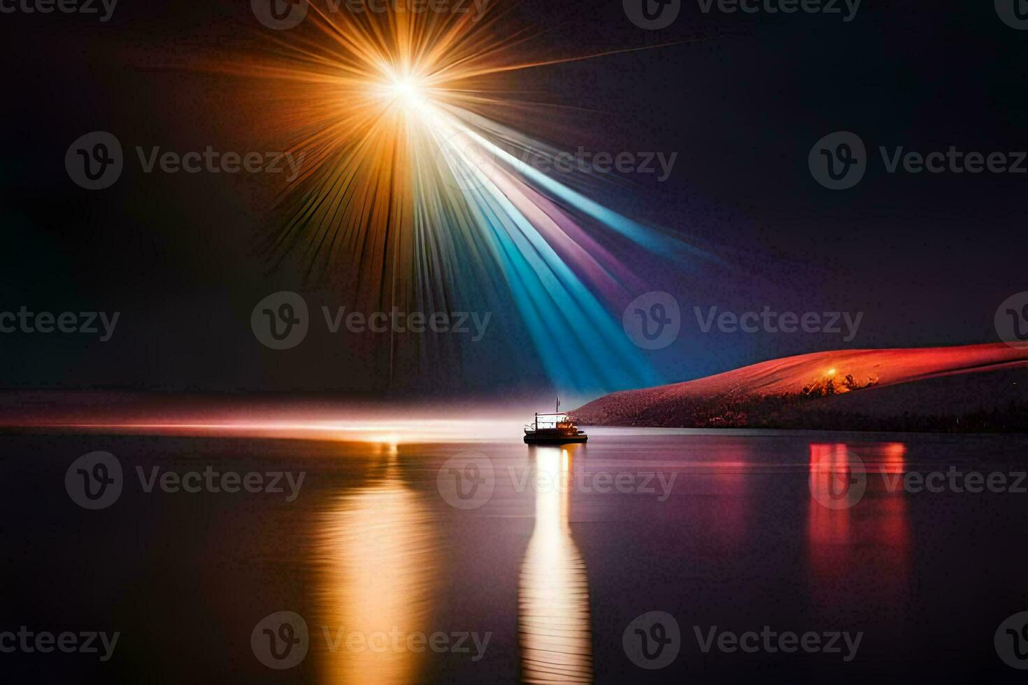 a boat is in the water with a bright light shining above it. AI-Generated photo