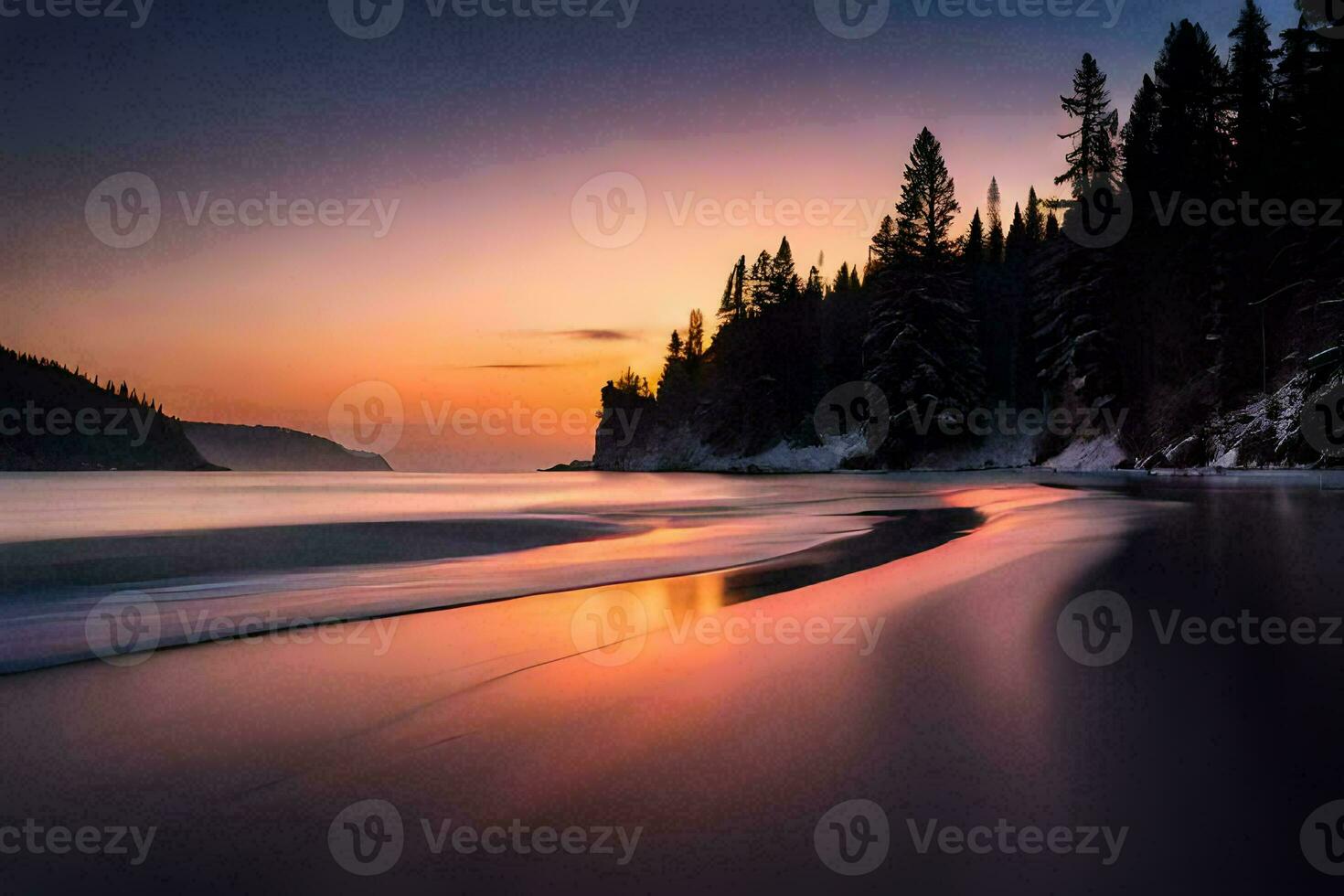 a beautiful sunset over the ocean with trees and waves. AI-Generated photo