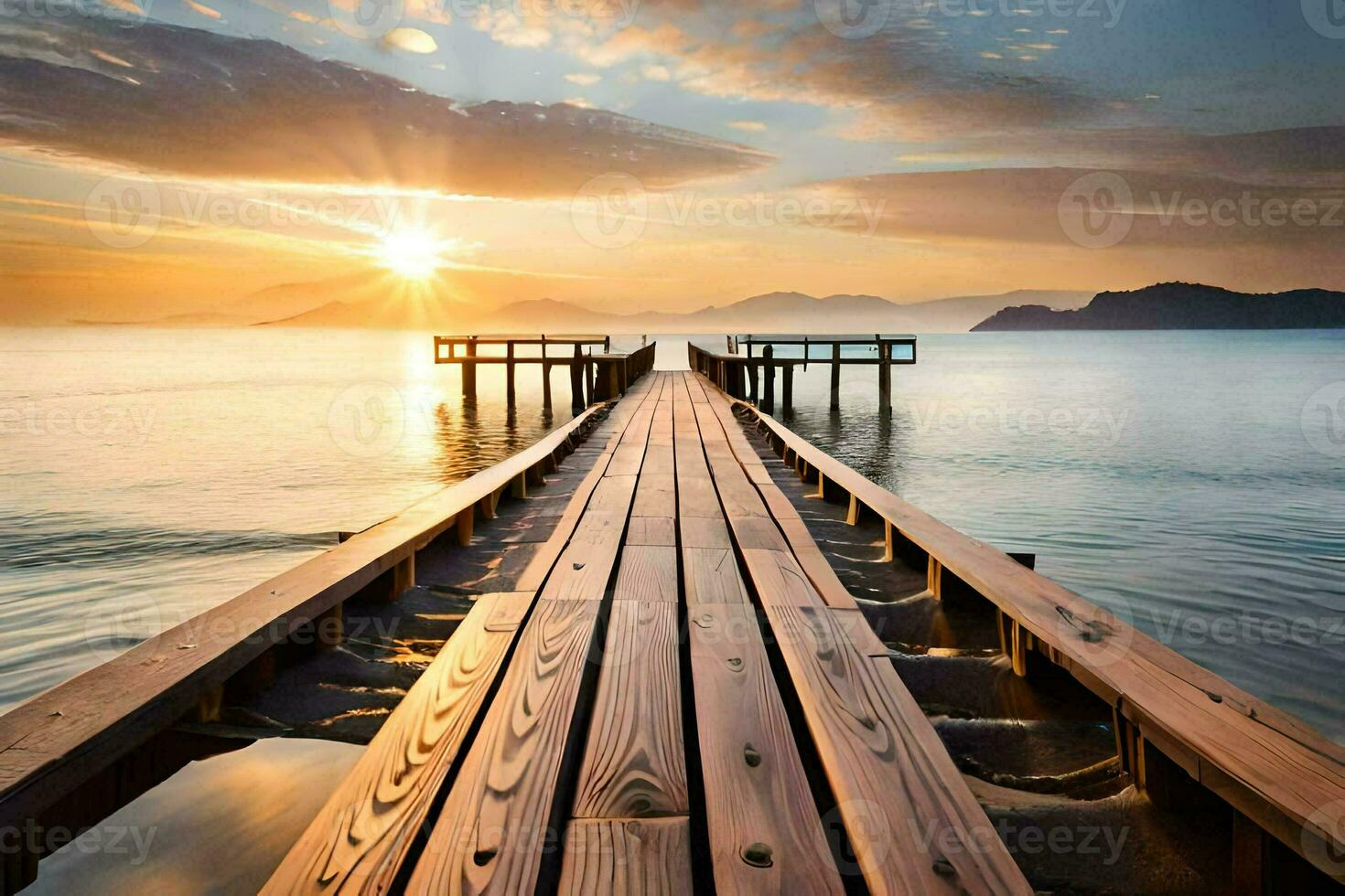 a wooden pier stretches out into the ocean at sunset. AI-Generated photo
