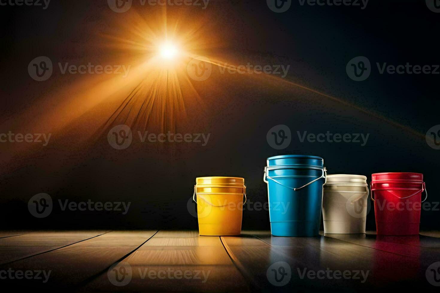 colorful buckets on a wooden floor with a light shining in the background. AI-Generated photo