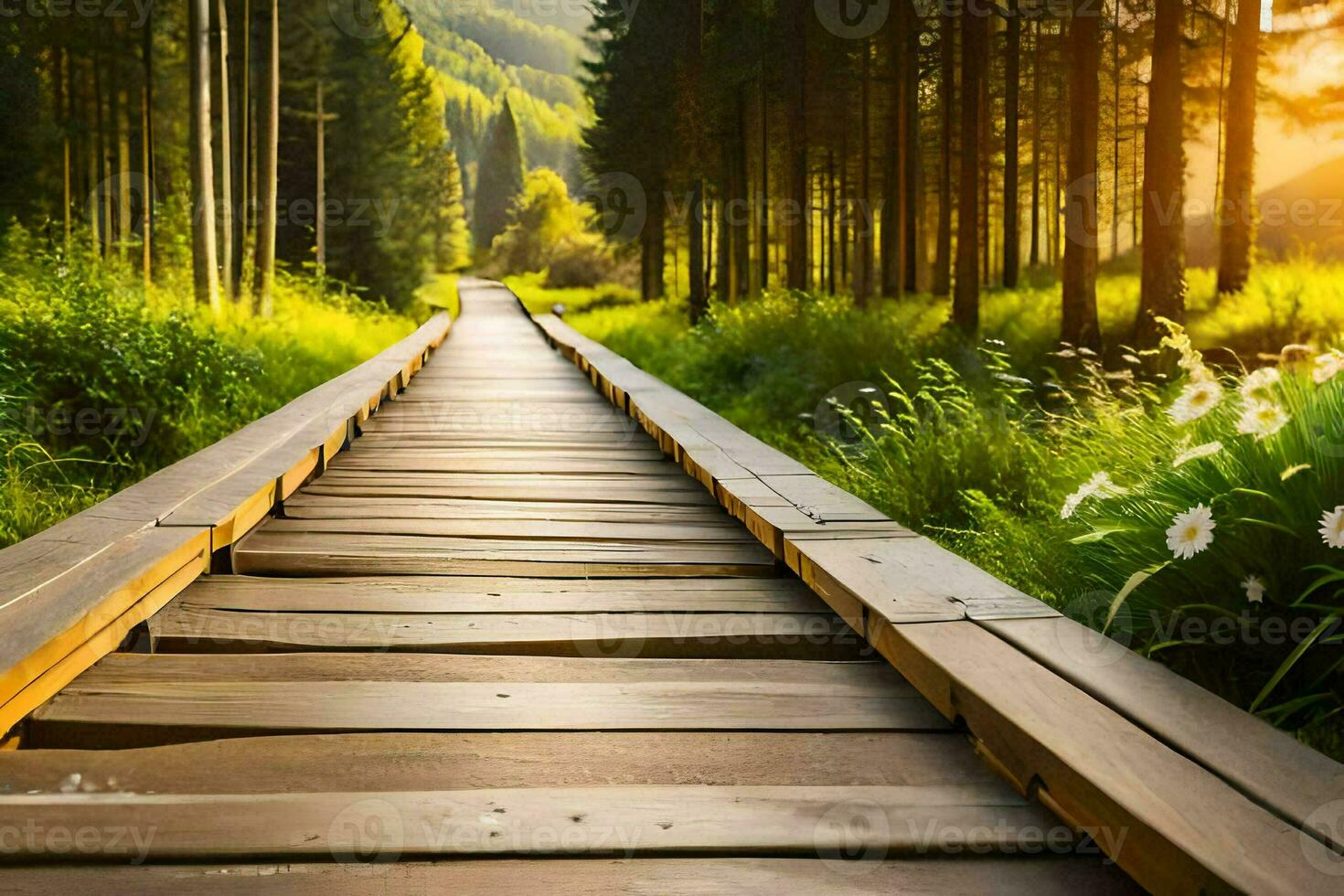 a wooden walkway in the forest with sun shining. AI-Generated photo