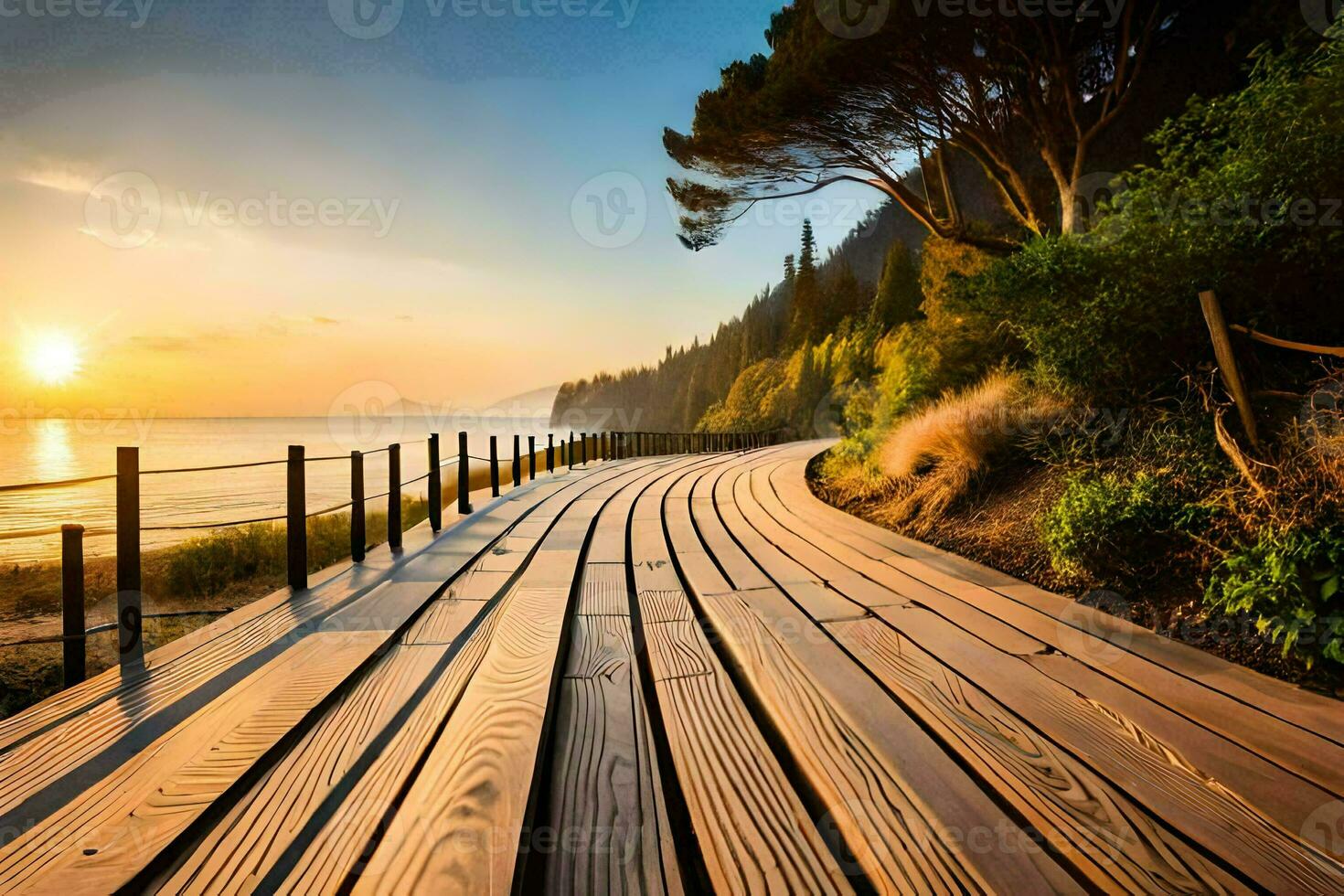 a wooden boardwalk leads to the beach at sunset. AI-Generated photo