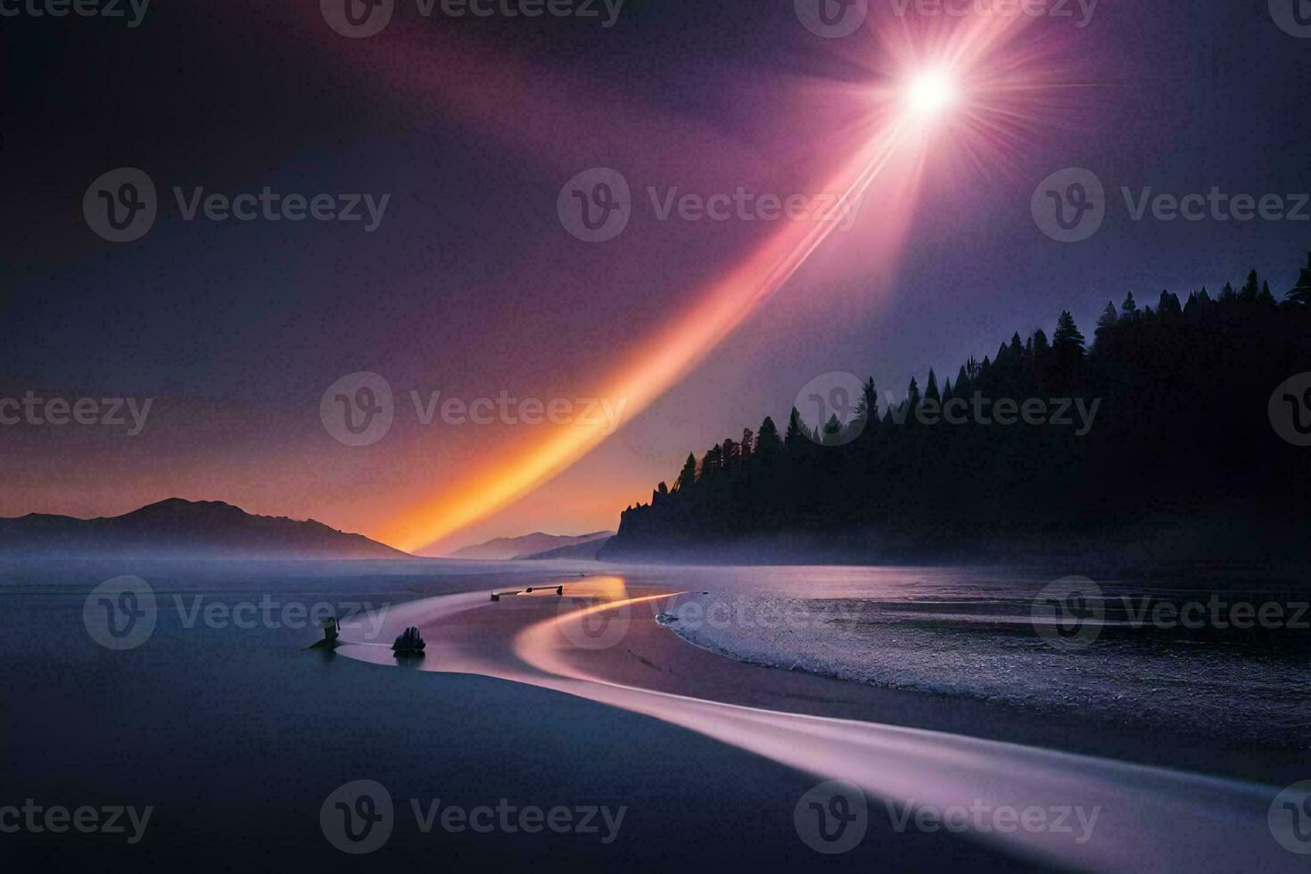 a beautiful sunset over the ocean with a bright light shining down. AI-Generated photo