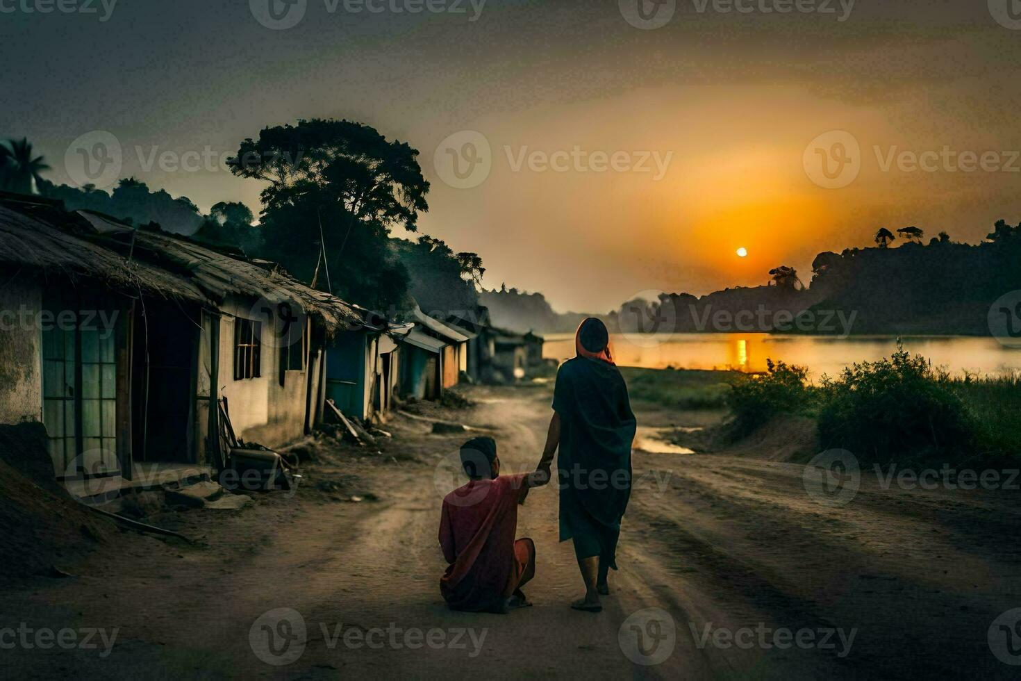 two people sitting on the road at sunset. AI-Generated photo