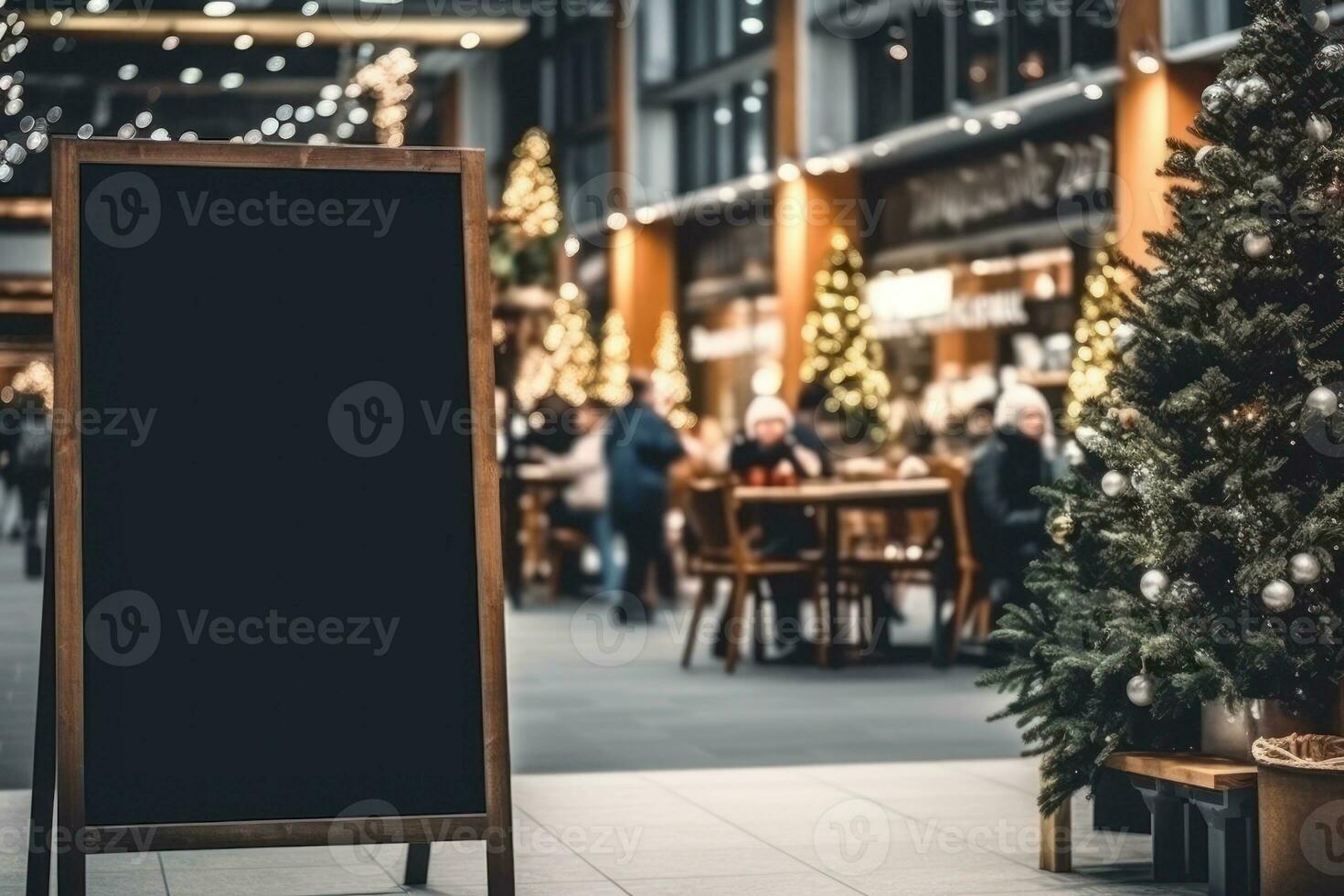 Empty blackboard sign mockup in front of a restaurant. Generative Ai photo