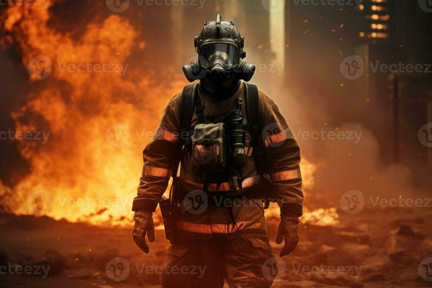 firefighter using water and extinguisher to fighting with fire flame in an emergency, Generative AI photo