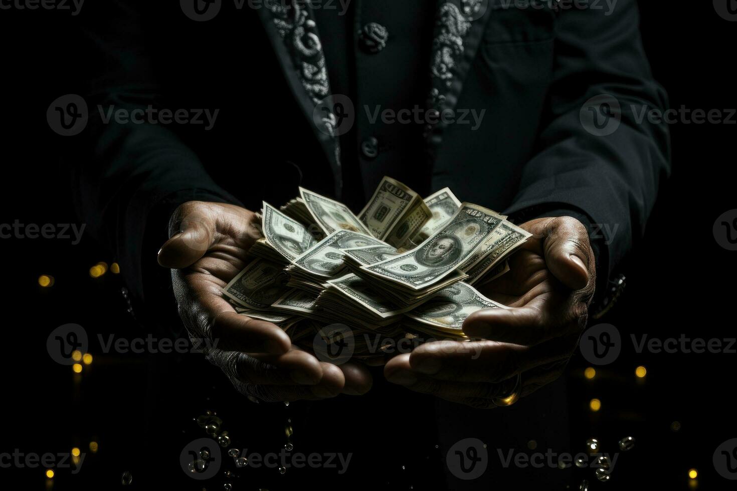 Businessman hands holding a lots of money as financial investor. Generative AI photo