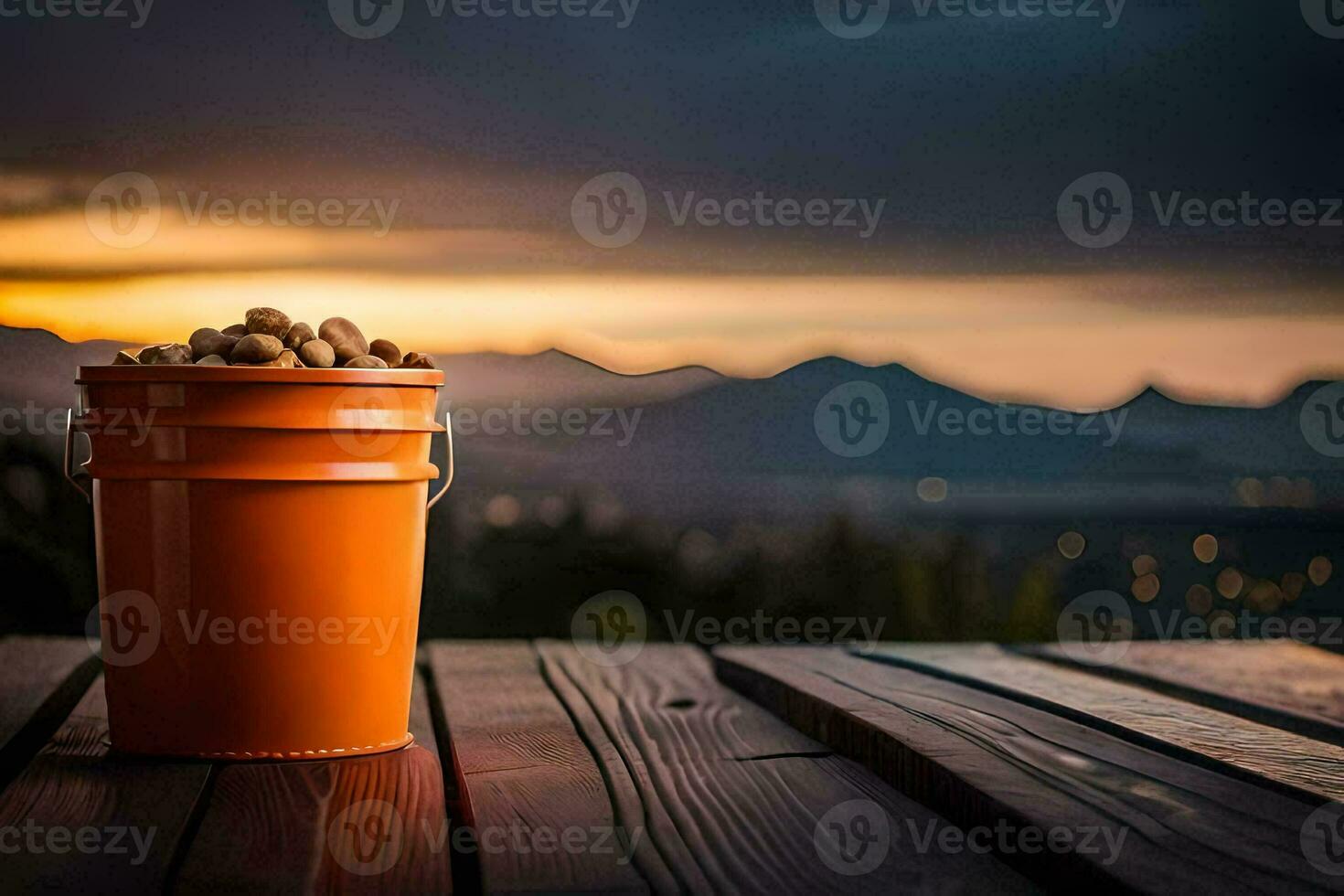 a bucket of nuts on a wooden table with mountains in the background. AI-Generated photo