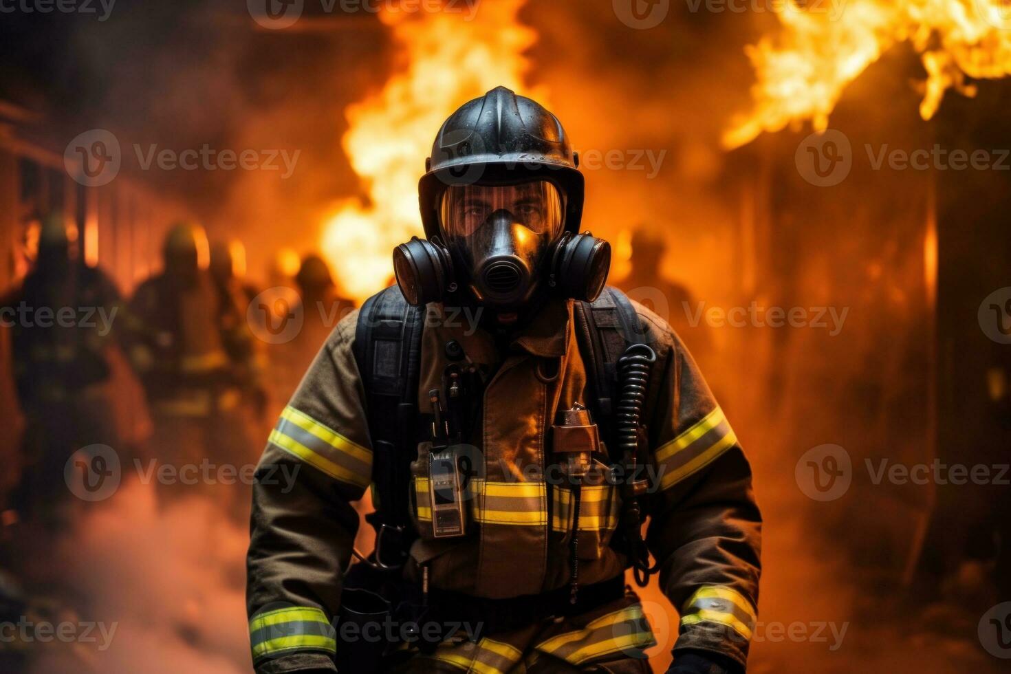 firefighter using water and extinguisher to fighting with fire flame in an emergency, Generative AI photo