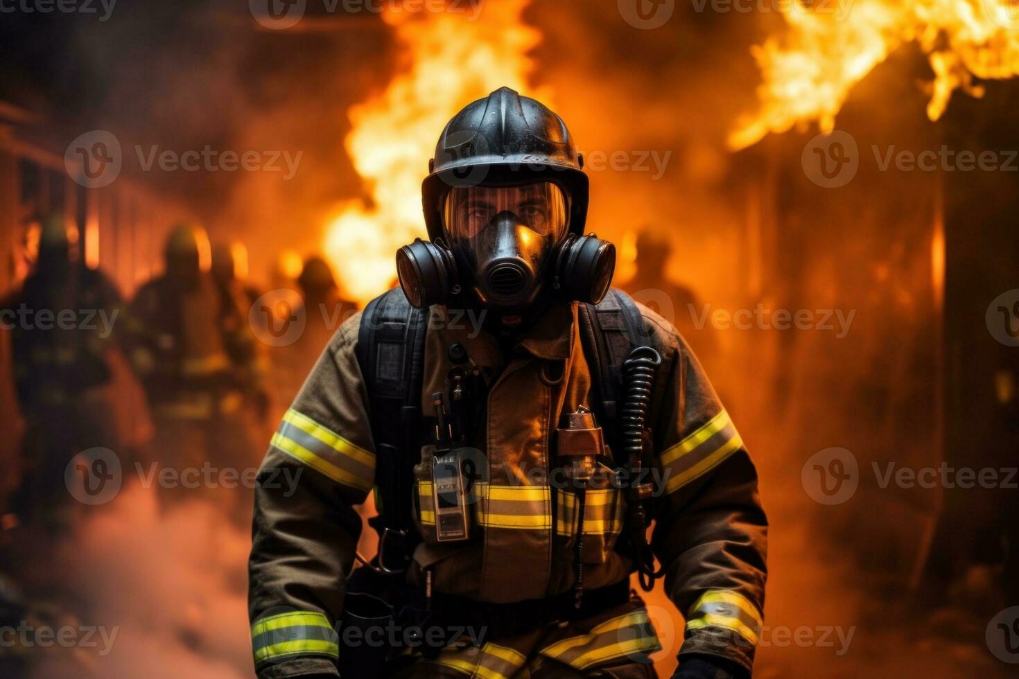 bombero utilizando agua y extintor a luchando con fuego fuego en un emergencia, generativo ai foto