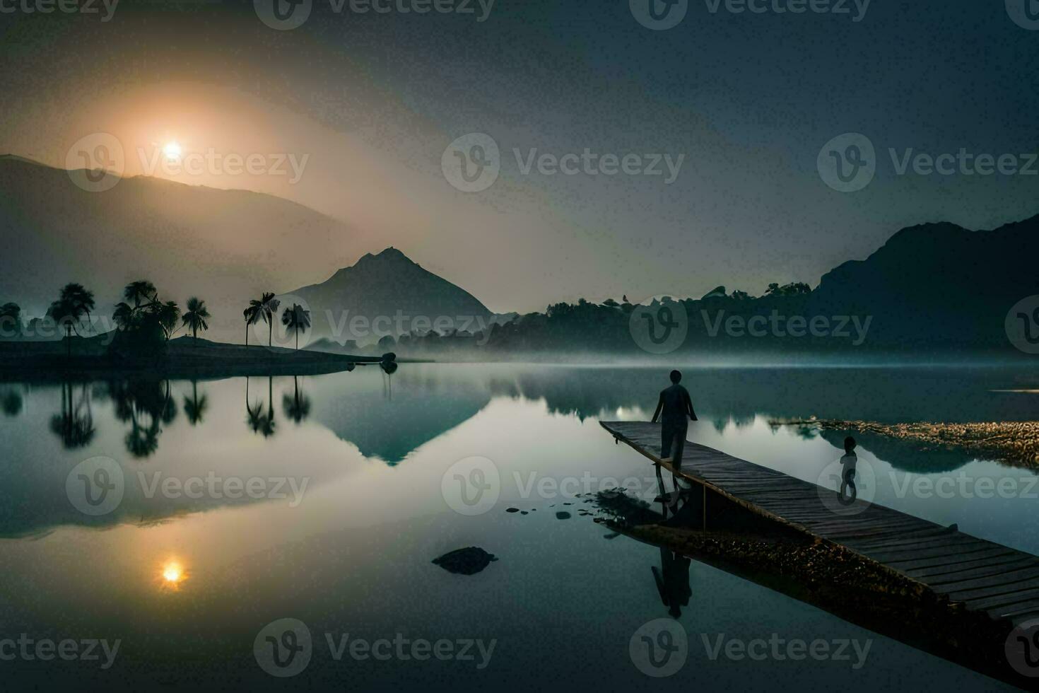 un hombre soportes en un de madera muelle a amanecer en un lago. generado por ai foto