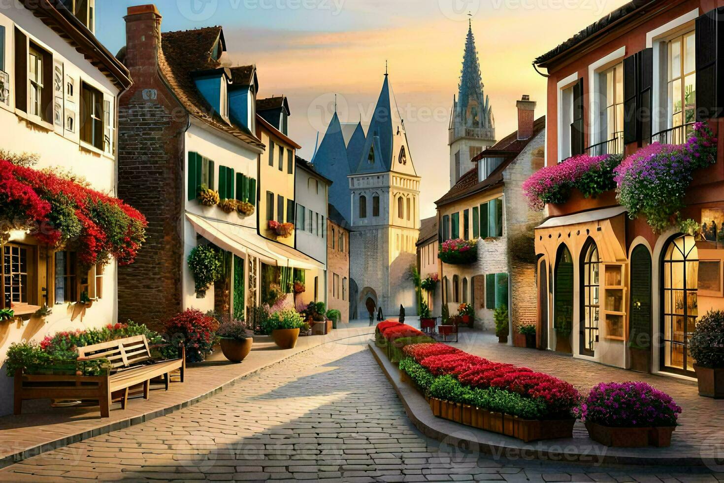 a street with flowers and buildings in the background. AI-Generated photo