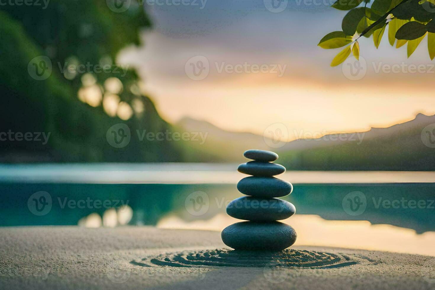 a stack of stones on the beach at sunset. AI-Generated photo
