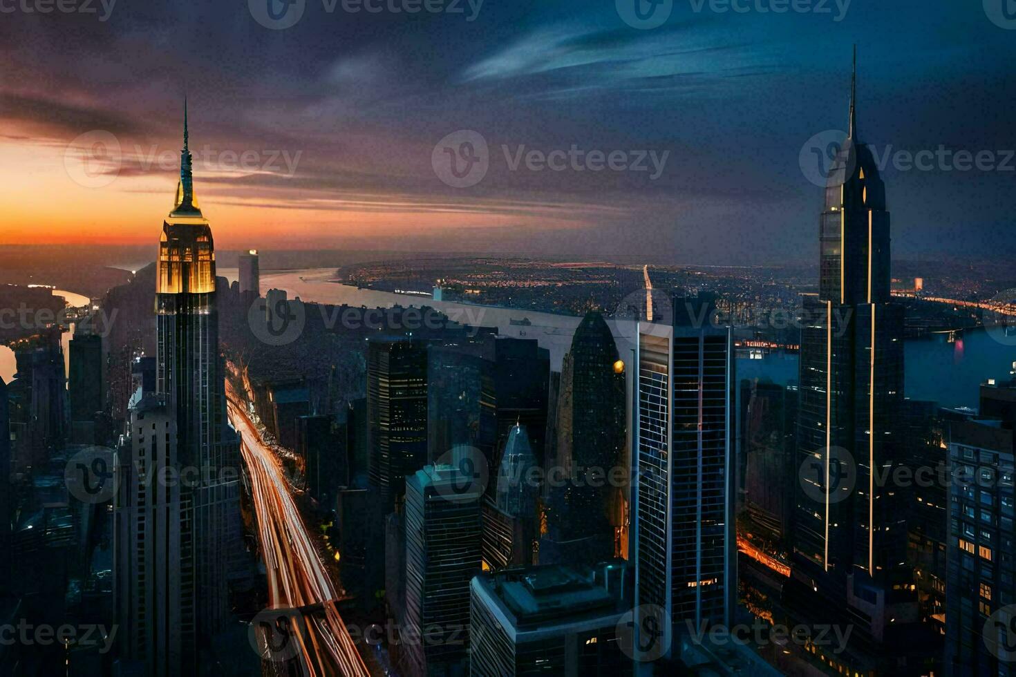 el ciudad horizonte a puesta de sol en nuevo york generado por ai foto