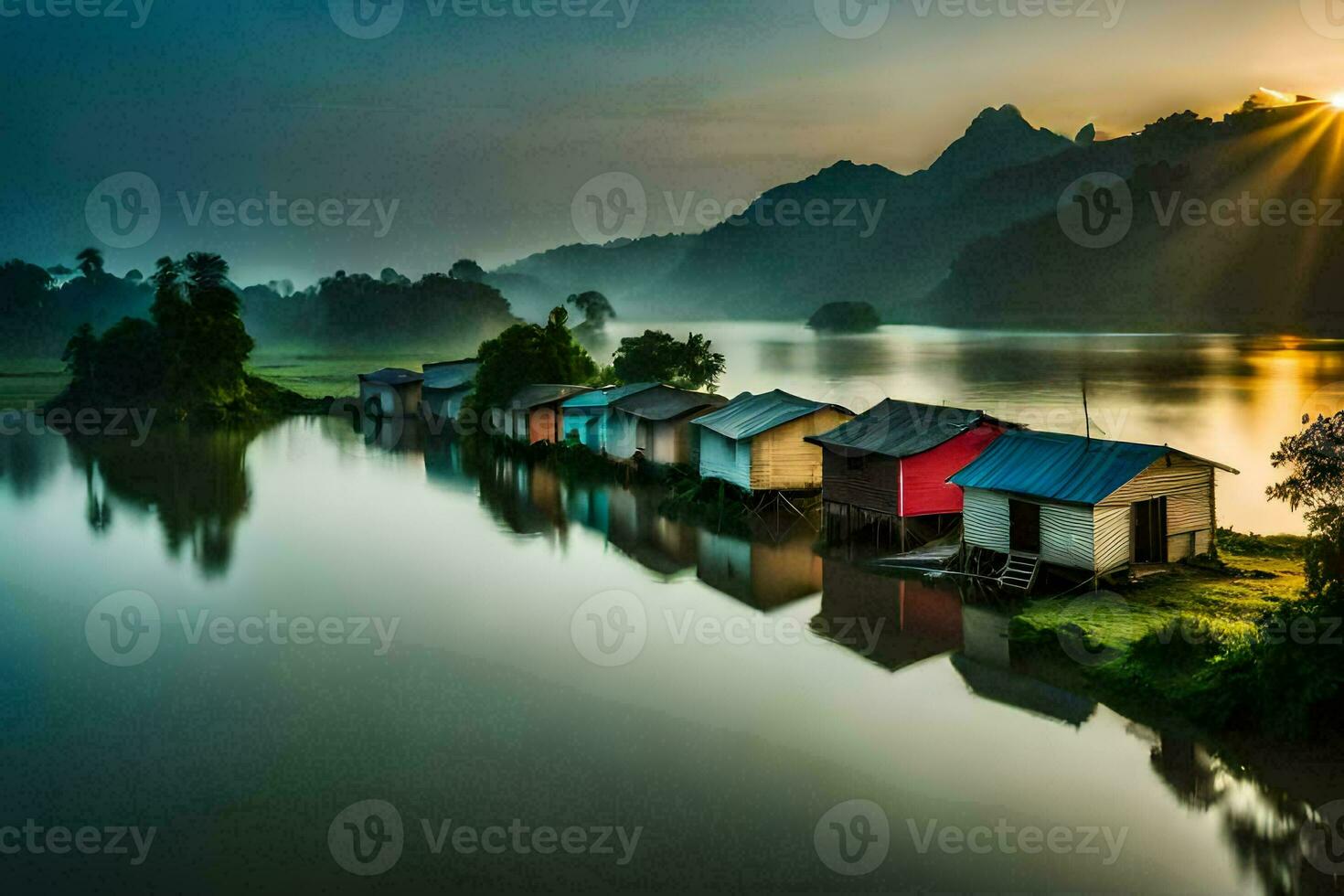 the sun rises over a river and several small houses. AI-Generated photo